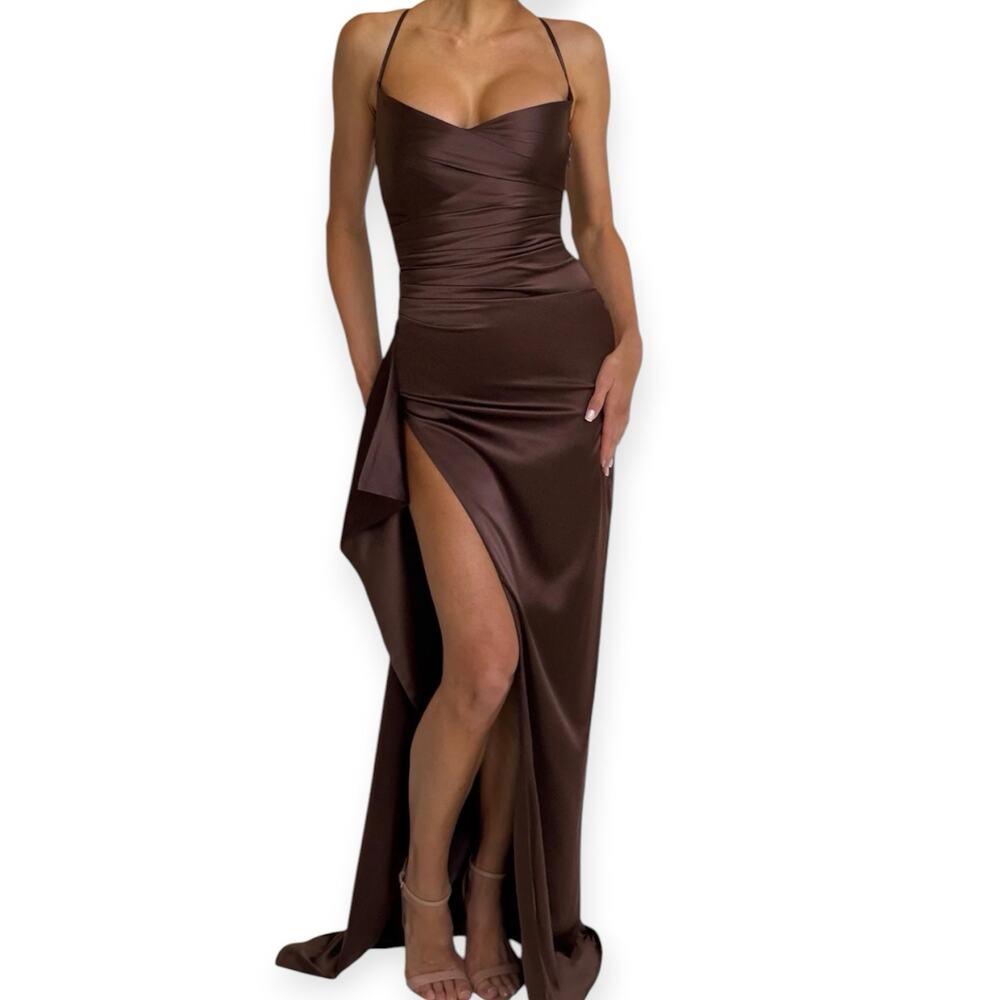 NWT BabyBoo Helen Maxi Dress Size Medium Plum Brown Satin